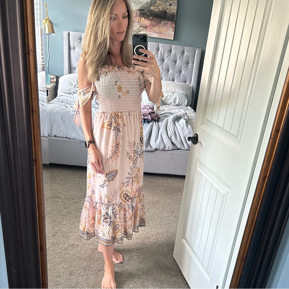 Misa Los Angeles Paisley off Shoulder Long Sleeve dress